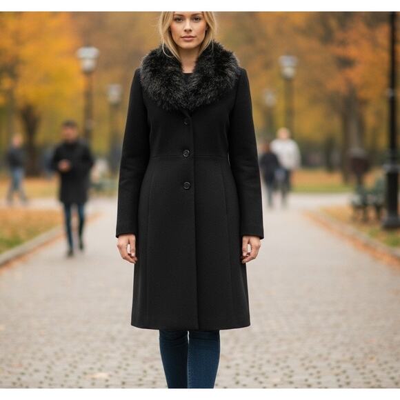 Outbrook 100% Wool Jacket Faux Fur Shawl Collar SZ M 8-10 Black Overcoat Preppy - Picture 1 of 12